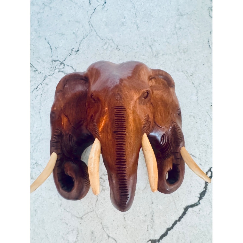 Hand Carved Wood Triple Elephant Head Sculpture Statue Trio Figurine 11in